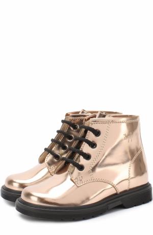 Ботинки из металлизированной кожи на шнуровке с молнией Il Gufo. Цвет: золотой