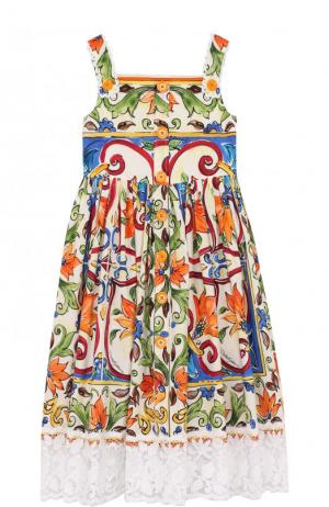 Хлопковое платье с принтом и кружевной отделкой на бретельках Dolce & Gabbana. Цвет: разноцветный