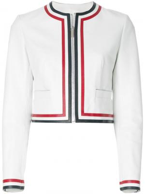 Zip Up Cardigan Jacket With Red, White And Blue Applique In Pebble Grain Leather Thom Browne. Цвет: белый