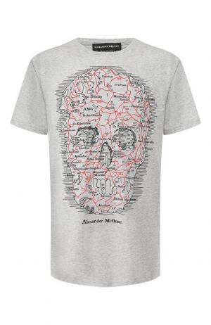 Хлопковая футболка с принтом Alexander McQueen. Цвет: серый