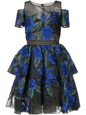 Ярусное платье с цветочной вышивкой Marchesa Notte. Цвет: синий