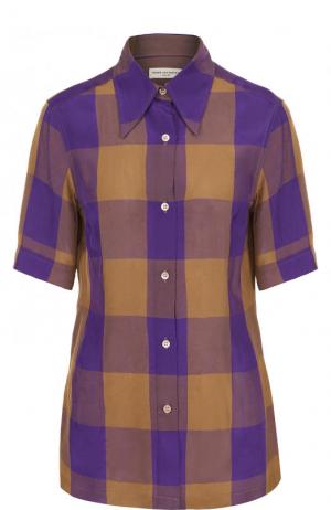 Приталенная блуза в клетку с укороченным рукавом Dries Van Noten. Цвет: фиолетовый
