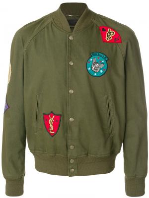 Куртка-бомбер с заплатками Saint Laurent. Цвет: зелёный