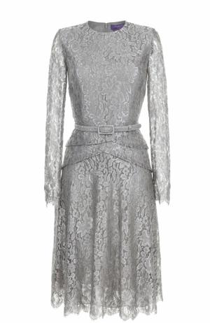 Кружевное платье с длинным рукавом и поясом Ralph Lauren. Цвет: серебряный