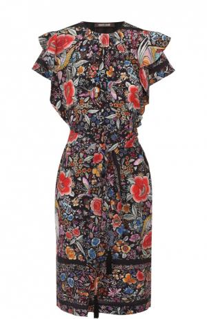 Шелковое платье с цветочным принтом и поясом Roberto Cavalli. Цвет: черный