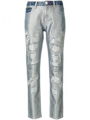 Блестящие джинсы с потертой отделкой Philipp Plein. Цвет: синий