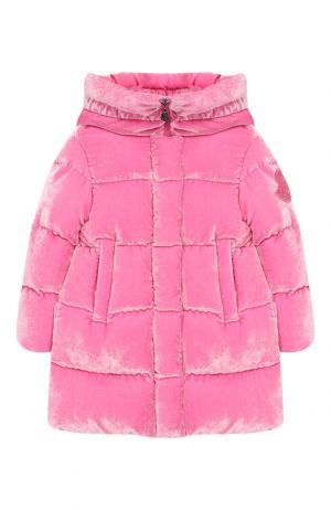 Пуховое пальто с текстильной отделкой и капюшоном Moncler Enfant. Цвет: розовый