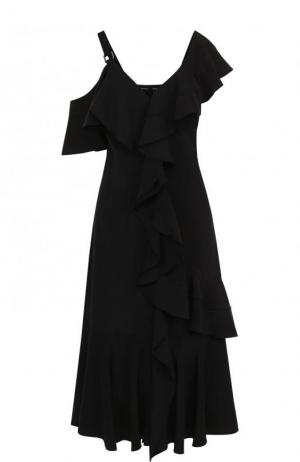 Шелковое платье-миди с оборками и открытым плечом Proenza Schouler. Цвет: черный