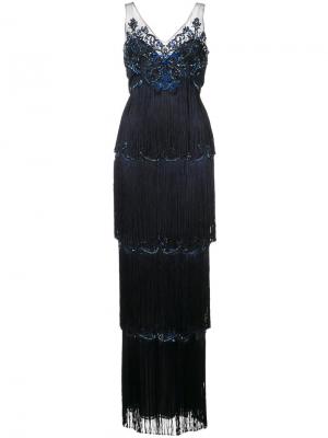 Вечернее платье с многослойной бахромой Marchesa Notte. Цвет: синий