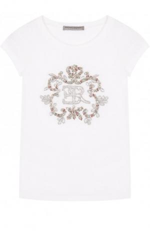 Хлопковая футболка с вышивкой бисером и кристаллами Ermanno Scervino. Цвет: белый