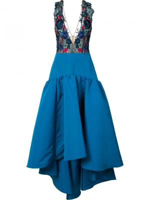Платье с цветочной вышивкой Marchesa Notte. Цвет: синий