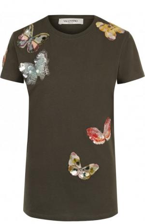 Хлопковая футболка с круглым вырезом и отделкой в виде бабочек Valentino. Цвет: хаки