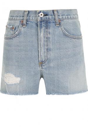 Джинсовые мини-шорты с завышенной талией и потертостями Rag&Bone. Цвет: голубой