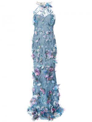 Вечернее платье с цветочной аппликацией Marchesa Notte. Цвет: синий