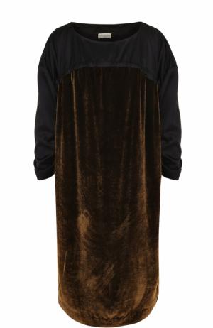 Платье-миди с круглым вырезом и бархатной вставкой Dries Van Noten. Цвет: темно-коричневый