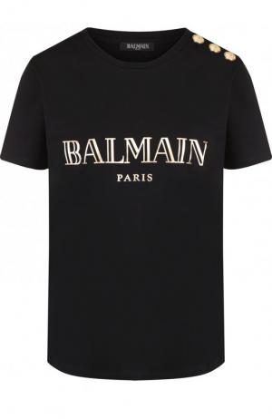 Хлопковая футболка с логотипом бренда и контрастными пуговицами Balmain. Цвет: черный