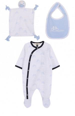 Хлопковый комплект из пижамы с нагрудником и салфеткой Armani Junior. Цвет: голубой