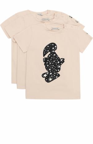 Комплект из трех хлопковых футболок с аппликациями Moncler Enfant. Цвет: светло-розовый