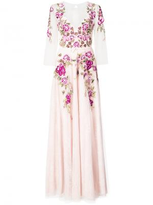 Платье с цветочной вышивкой Marchesa Notte. Цвет: розовый и фиолетовый