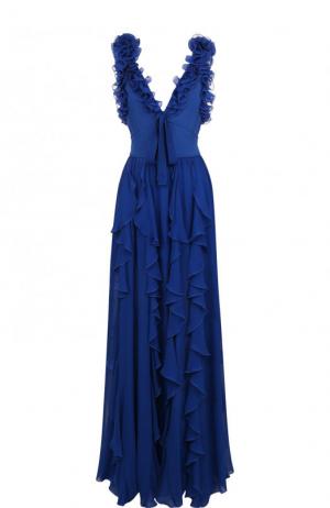 Приталенное шелковое платье-макси с оборками Elie Saab. Цвет: синий