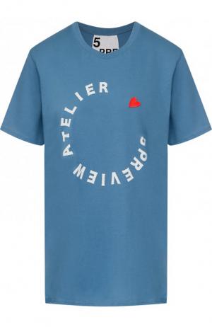 Хлопковая футболка с круглым вырезом и надписью 5PREVIEW. Цвет: голубой