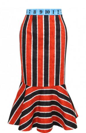 Хлопковая юбка-миди с оборкой и контрастным поясом Stella Jean. Цвет: разноцветный