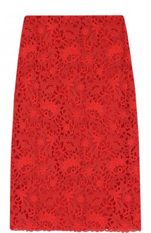 Однотонная кружевная юбка-миди Valentino. Цвет: красный