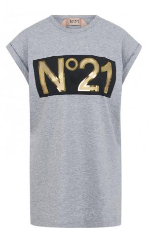 Хлопковый топ с логотипом бренда No. 21. Цвет: серый