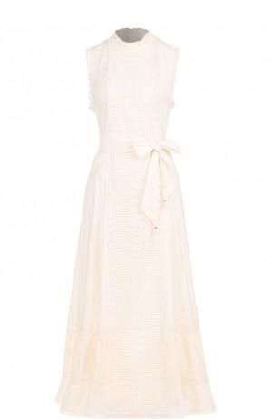 Хлопковое платье-миди с поясом и воротником-стойкой Zimmermann. Цвет: светло-бежевый