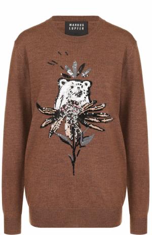 Шерстяной пуловер с вышивкой пайетками Markus Lupfer. Цвет: коричневый