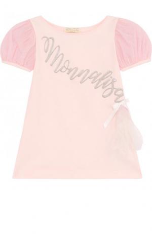 Хлопковый топ с вышивкой и рукавом-фонарик Monnalisa. Цвет: розовый