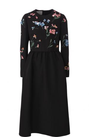 Приталенное платье-миди из смеси шерсти и шелка с декоративной отделкой Valentino. Цвет: черный