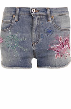 Джинсовые мини-шорты с потертостями и вышивкой Roberto Cavalli. Цвет: голубой