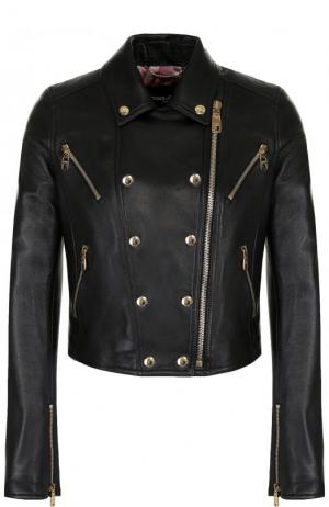 Укороченная кожаная куртка с косой молнией Dolce & Gabbana. Цвет: черный