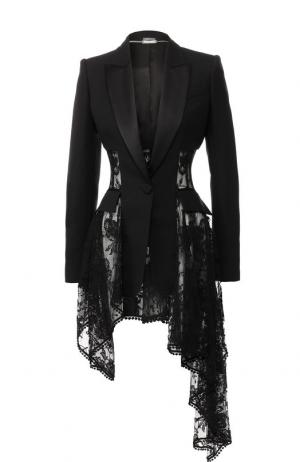 Жакет асимметричного кроя из смеси шерсти и шелка Alexander McQueen. Цвет: черный