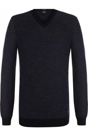 Однотонный шерстяной пуловер BOSS. Цвет: темно-синий
