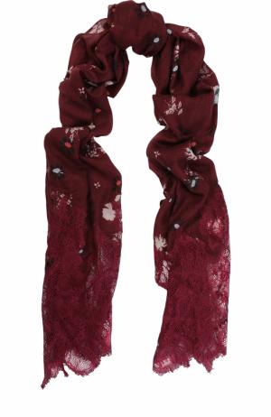 Шелковая шаль с принтом и кружевной отделкой Valentino. Цвет: бордовый