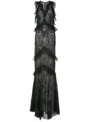 Кружевное длинное платье с оборками Monique Lhuillier. Цвет: чёрный