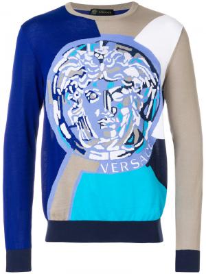 Толстовка с логотипом дизайна колор-блок Versace. Цвет: синий