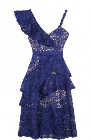 Приталенное кружевное платье-миди асимметричного кроя Alice + Olivia. Цвет: синий