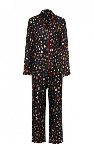 Шелковый костюм в пижамном стиле с контрастным принтом Alexander McQueen. Цвет: черный