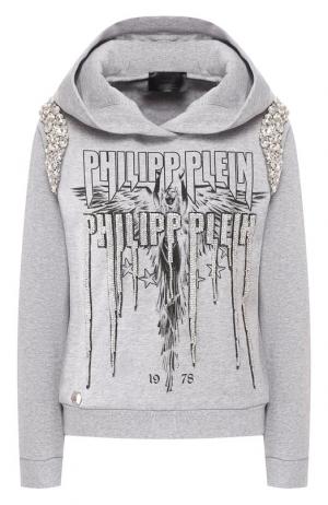 Хлопковый пуловер с капюшоном Philipp Plein. Цвет: серый