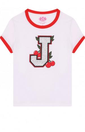 Хлопковая футболка с контрастной отделкой и стразами Juicy Couture. Цвет: белый