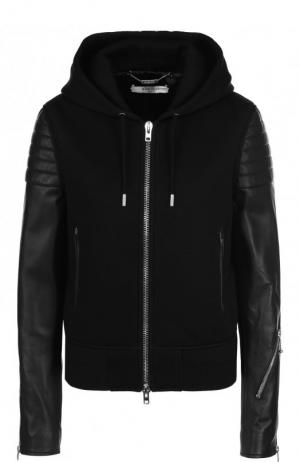 Куртка на молнии с кожаными рукавами и капюшоном Givenchy. Цвет: черный