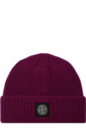 Шерстяная шапка фактурной вязки с логотипом бренда Stone Island. Цвет: фиолетовый