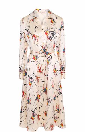 Шелковое платье с ярким принтом и поясом Tory Burch. Цвет: разноцветный