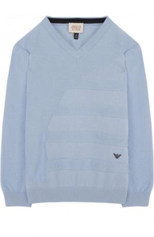 Хлопковый пуловер с V-образным вырезом и фактурной отделкой Armani Junior. Цвет: голубой