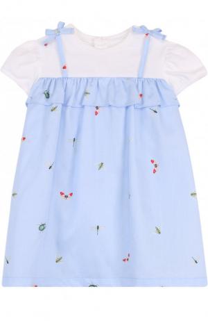 Хлопковое платье с принтом и оборкой Il Gufo. Цвет: голубой