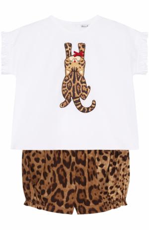 Хлопковый комплект из футболки и шорт с леопардовым принтом Dolce & Gabbana. Цвет: белый