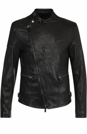 Кожаная куртка с косой молнией и воротником-стойкой Giorgio Armani. Цвет: черный